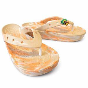 Crocs Platform Flip Flops Women’s 9 Cream Peach Sandals Palm Tree Charm Summer